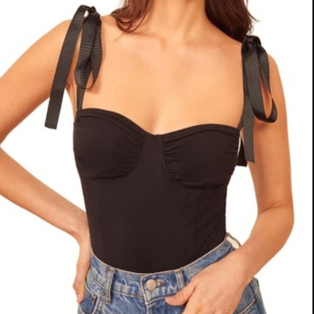 Reformation Marsala Tie Strap Bodysuit Black Sweetheart Ruched Bustier Tank Top